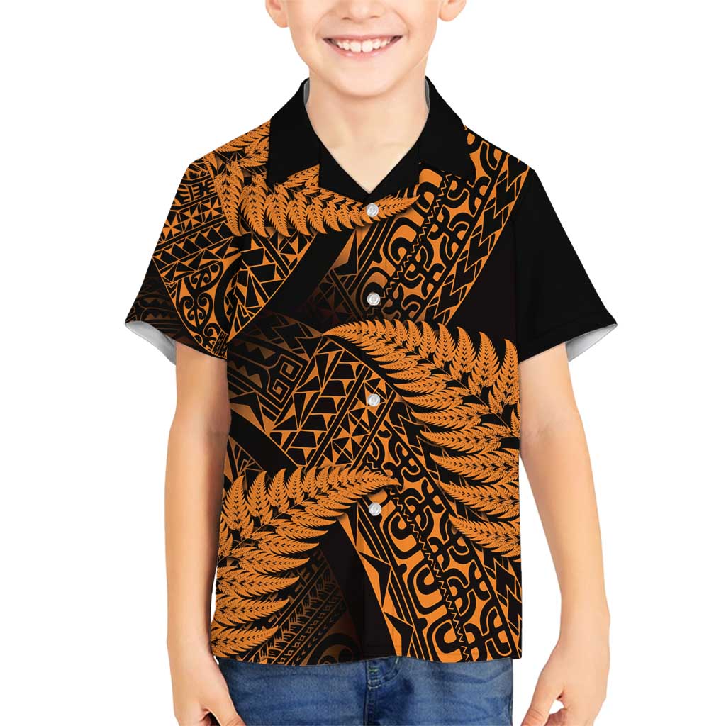 New Zealand Rugby Pacific Personalised Family Matching Long Sleeve Bodycon Dress and Hawaiian Shirt All Gold Maori Pasifika Fern Pattern LT9 Son's Shirt Gold - Polynesian Pride