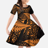 New Zealand Rugby Pacific Personalised Family Matching Off The Shoulder Long Sleeve Dress and Hawaiian Shirt All Gold Maori Pasifika Fern Pattern LT9 Daughter's Dress Gold - Polynesian Pride