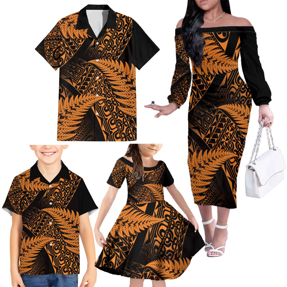 New Zealand Rugby Pacific Personalised Family Matching Off The Shoulder Long Sleeve Dress and Hawaiian Shirt All Gold Maori Pasifika Fern Pattern LT9 - Polynesian Pride