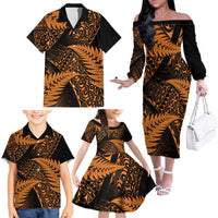 New Zealand Rugby Pacific Personalised Family Matching Off The Shoulder Long Sleeve Dress and Hawaiian Shirt All Gold Maori Pasifika Fern Pattern LT9 - Polynesian Pride
