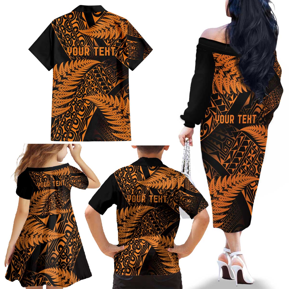New Zealand Rugby Pacific Personalised Family Matching Off The Shoulder Long Sleeve Dress and Hawaiian Shirt All Gold Maori Pasifika Fern Pattern LT9 - Polynesian Pride