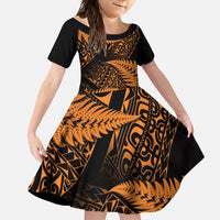 New Zealand Rugby Pacific Personalised Family Matching Off Shoulder Maxi Dress and Hawaiian Shirt All Gold Maori Pasifika Fern Pattern LT9 Daughter's Dress Gold - Polynesian Pride