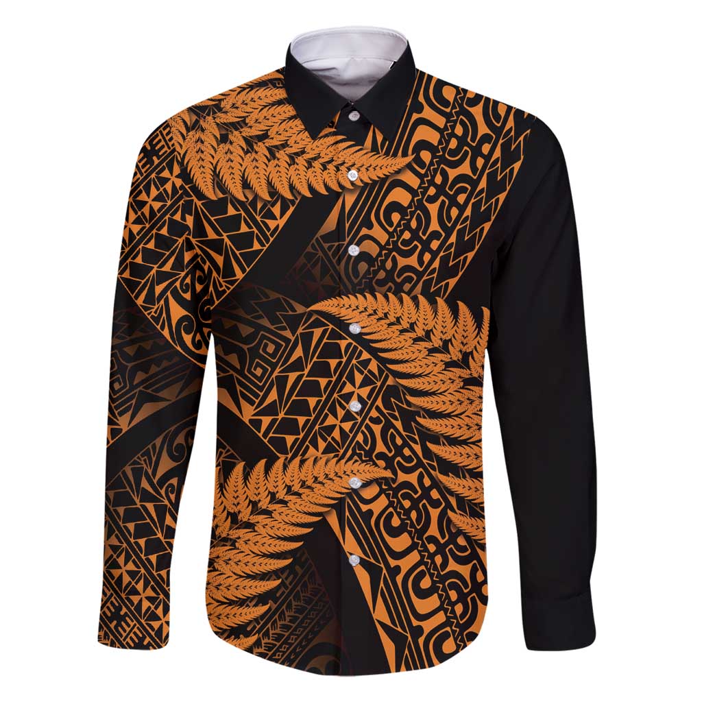 New Zealand Rugby Pacific Personalised Family Matching Off Shoulder Maxi Dress and Hawaiian Shirt All Gold Maori Pasifika Fern Pattern LT9 Dad's Shirt - Long Sleeve Gold - Polynesian Pride
