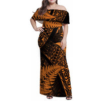 New Zealand Rugby Pacific Personalised Family Matching Off Shoulder Maxi Dress and Hawaiian Shirt All Gold Maori Pasifika Fern Pattern LT9 Mom's Dress Gold - Polynesian Pride