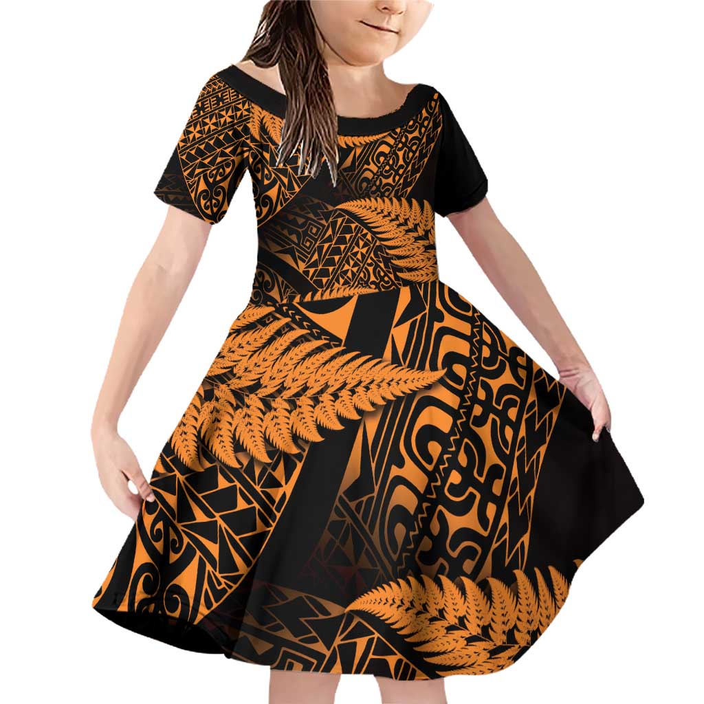 New Zealand Rugby Pacific Personalised Family Matching Off Shoulder Short Dress and Hawaiian Shirt All Gold Maori Pasifika Fern Pattern LT9 Daughter's Dress Gold - Polynesian Pride