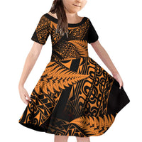 New Zealand Rugby Pacific Personalised Family Matching Off Shoulder Short Dress and Hawaiian Shirt All Gold Maori Pasifika Fern Pattern LT9 Daughter's Dress Gold - Polynesian Pride