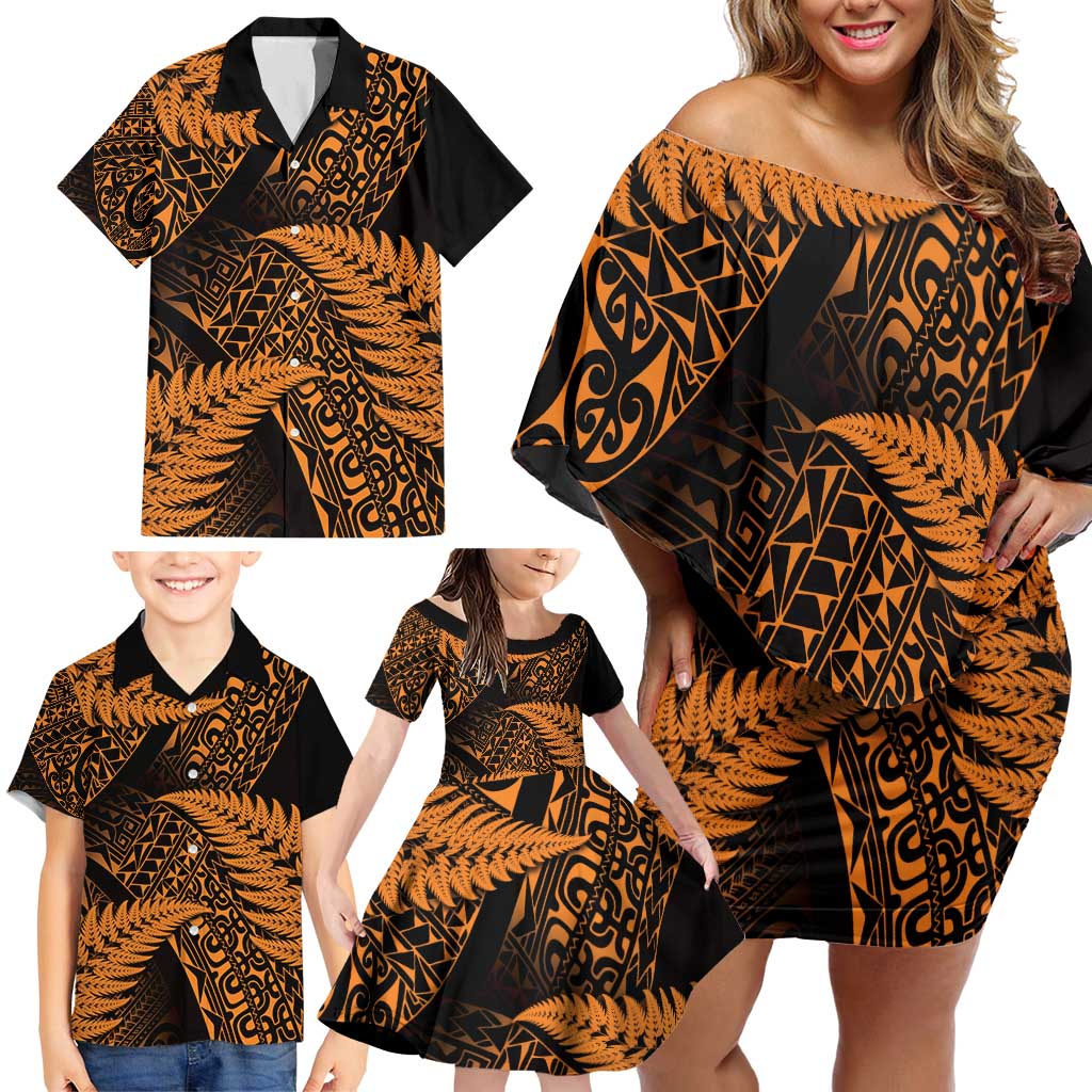 New Zealand Rugby Pacific Personalised Family Matching Off Shoulder Short Dress and Hawaiian Shirt All Gold Maori Pasifika Fern Pattern LT9 - Polynesian Pride