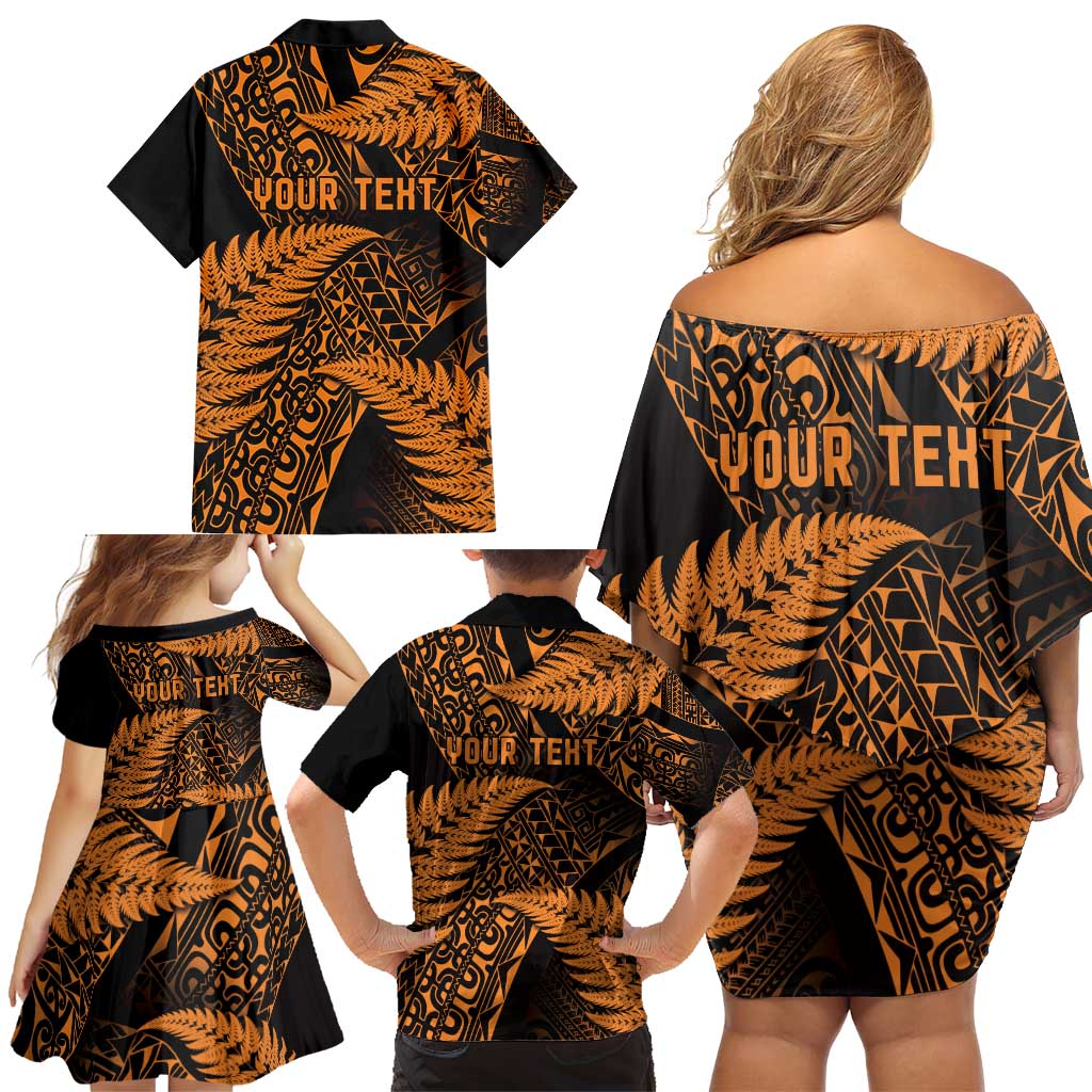 New Zealand Rugby Pacific Personalised Family Matching Off Shoulder Short Dress and Hawaiian Shirt All Gold Maori Pasifika Fern Pattern LT9 - Polynesian Pride