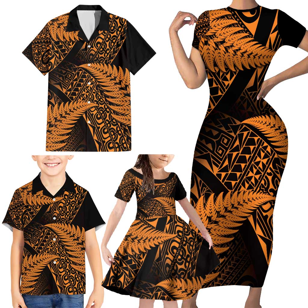 New Zealand Rugby Pacific Personalised Family Matching Short Sleeve Bodycon Dress and Hawaiian Shirt All Gold Maori Pasifika Fern Pattern LT9 - Polynesian Pride
