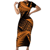 New Zealand Rugby Pacific Personalised Family Matching Short Sleeve Bodycon Dress and Hawaiian Shirt All Gold Maori Pasifika Fern Pattern LT9 Mom's Dress Gold - Polynesian Pride