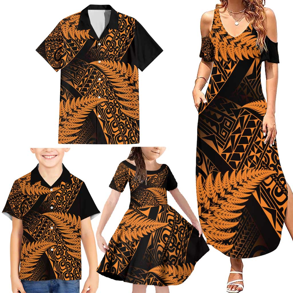 New Zealand Rugby Pacific Personalised Family Matching Summer Maxi Dress and Hawaiian Shirt All Gold Maori Pasifika Fern Pattern LT9 - Polynesian Pride