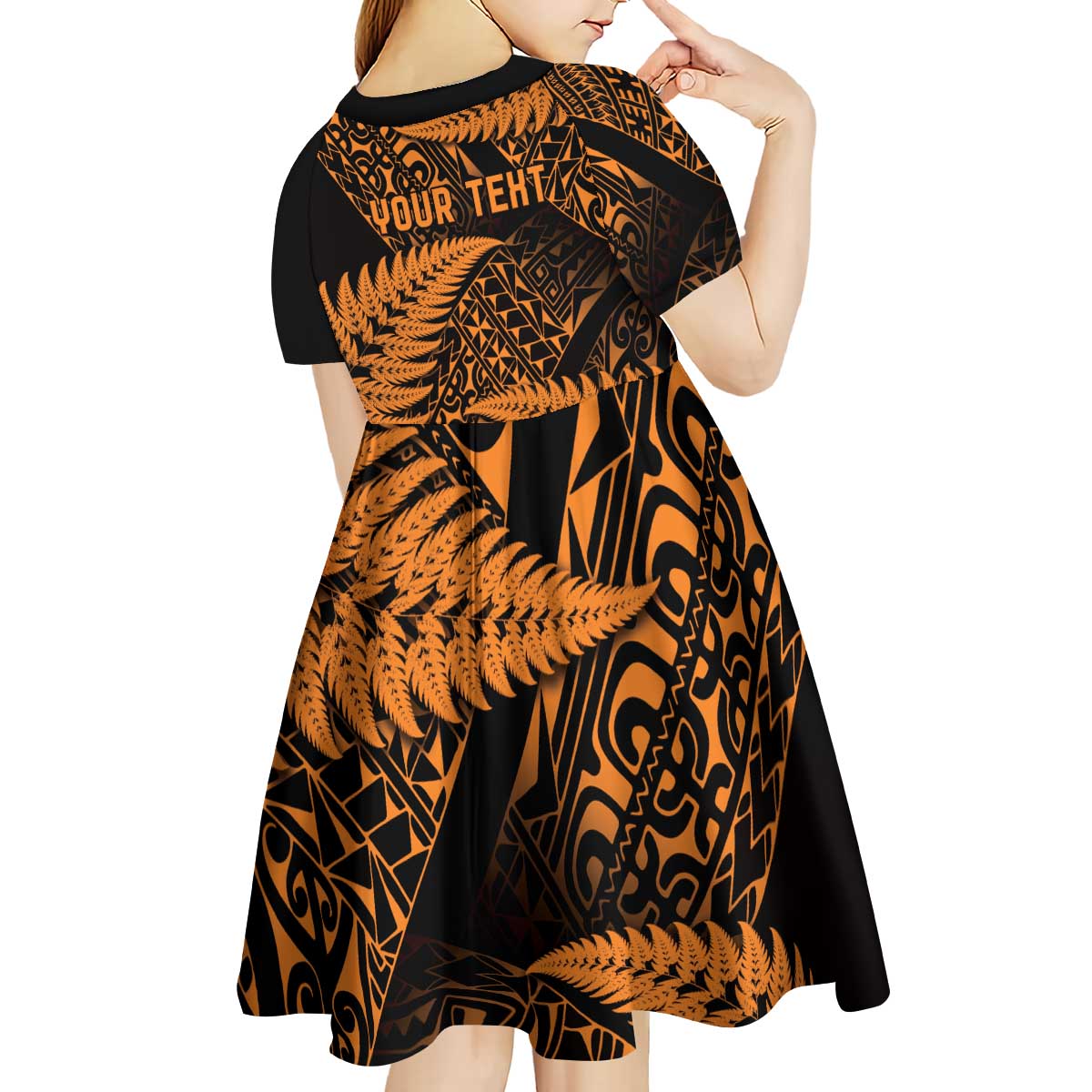 New Zealand Rugby Pacific Personalised Kid Short Sleeve Dress All Gold Maori Pasifika Fern Pattern