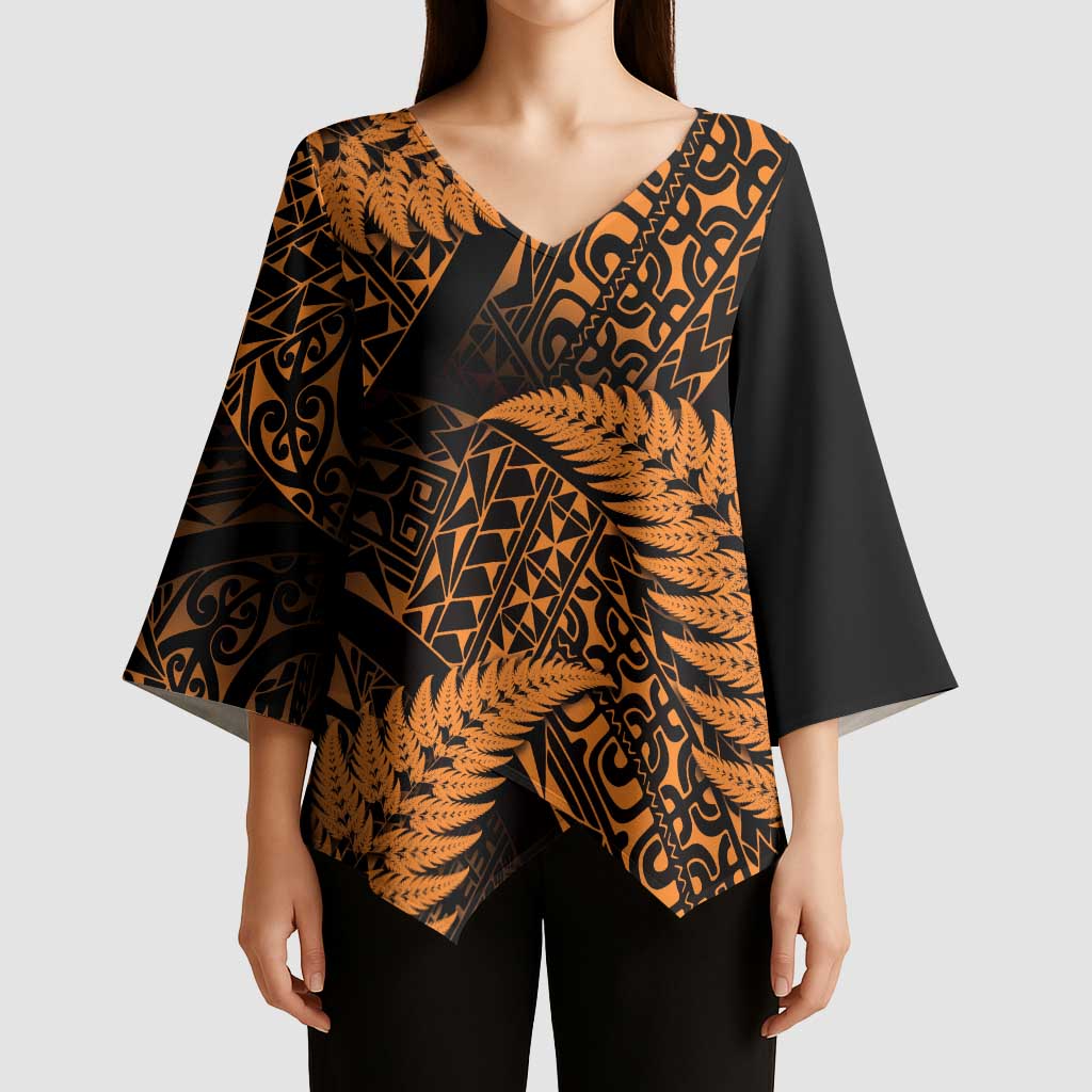 New Zealand Rugby Pacific Personalised Kimono Sleeve Blouse All Gold Maori Pasifika Fern Pattern - Polynesian Pride