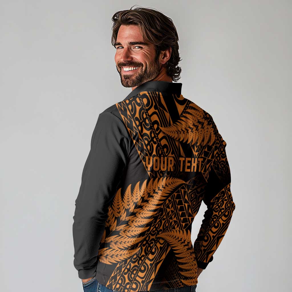 New Zealand Rugby Pacific Personalised Long Sleeve Polo Shirt All Gold Maori Pasifika Fern Pattern