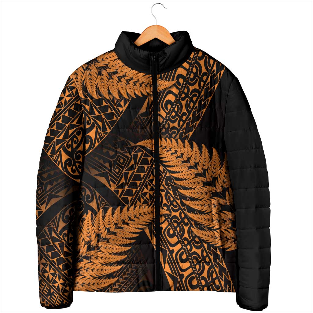 New Zealand Rugby Pacific Personalised Padded Jacket All Gold Maori Pasifika Fern Pattern - Polynesian Pride