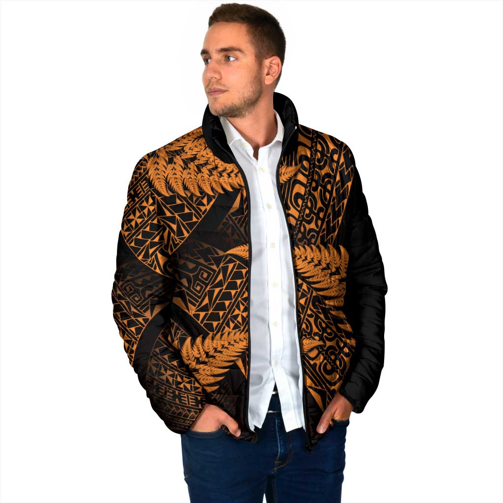 New Zealand Rugby Pacific Personalised Padded Jacket All Gold Maori Pasifika Fern Pattern - Polynesian Pride