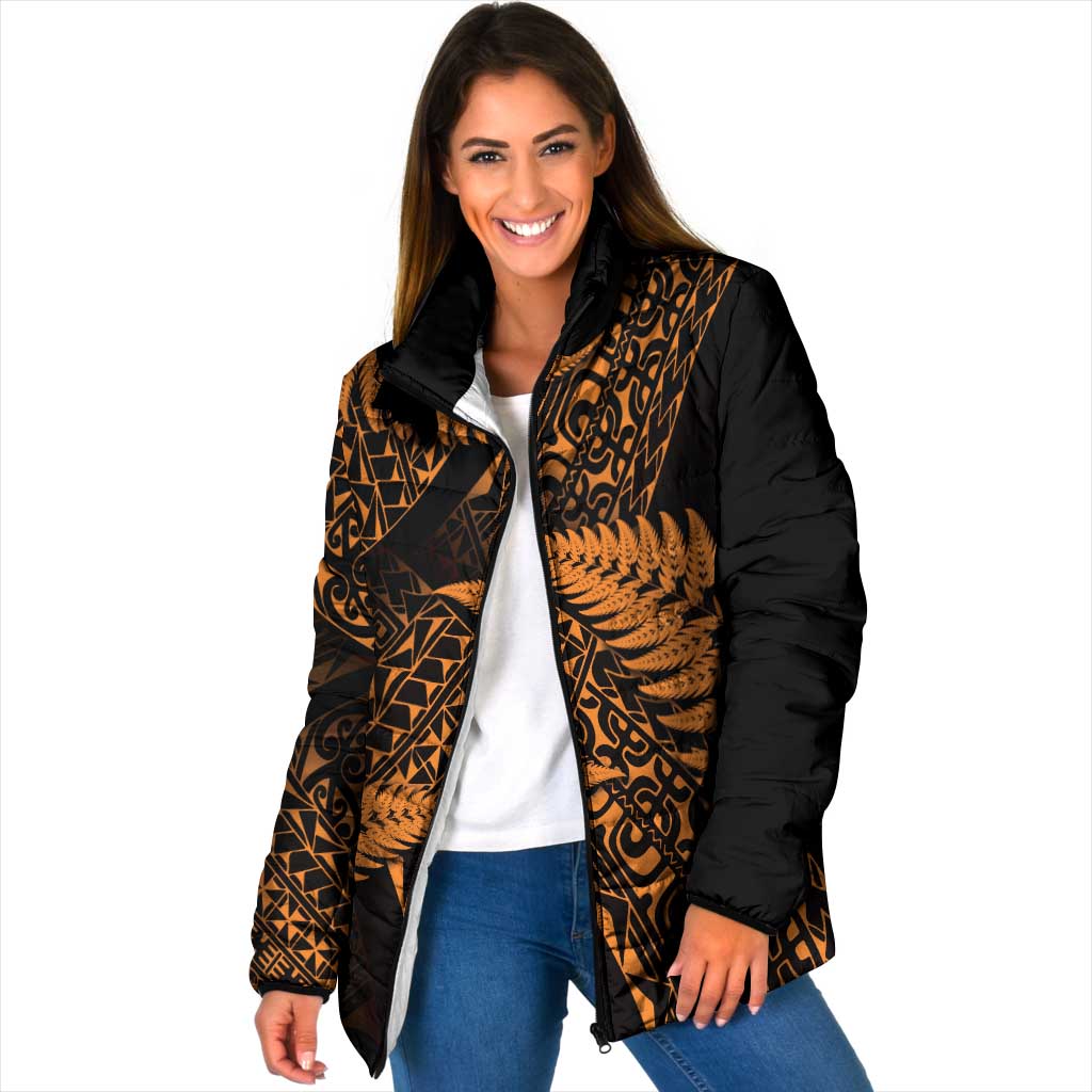 New Zealand Rugby Pacific Personalised Padded Jacket All Gold Maori Pasifika Fern Pattern - Polynesian Pride