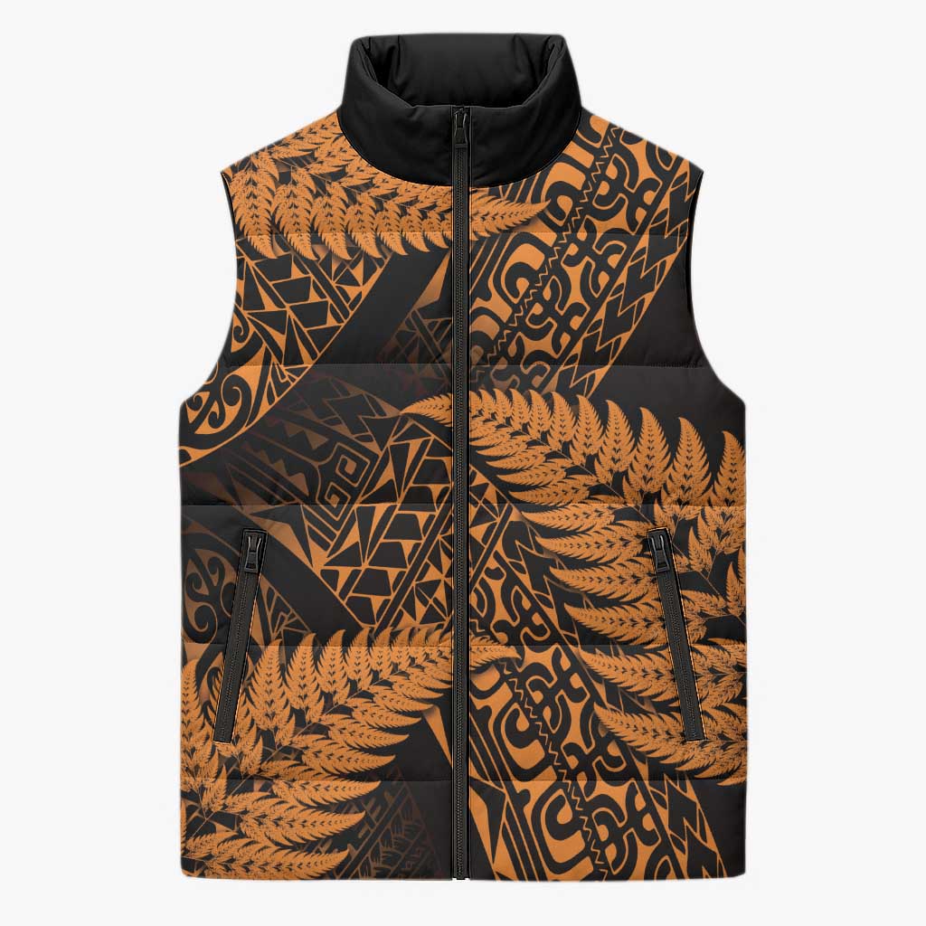 New Zealand Rugby Pacific Personalised Sleeveless Puffer Jacket All Gold Maori Pasifika Fern Pattern - Polynesian Pride