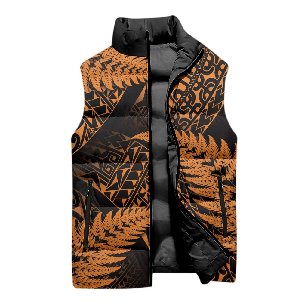 New Zealand Rugby Pacific Personalised Sleeveless Puffer Jacket All Gold Maori Pasifika Fern Pattern - Polynesian Pride