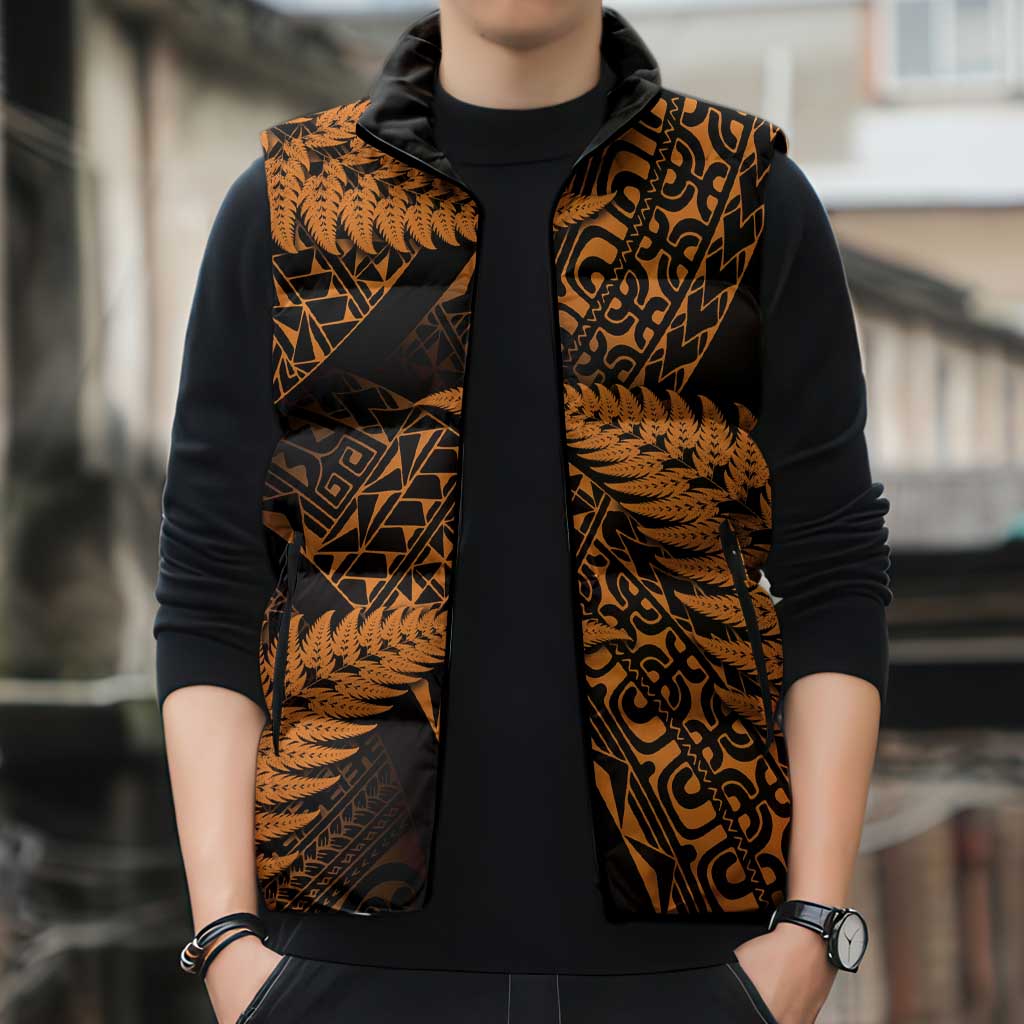 New Zealand Rugby Pacific Personalised Sleeveless Puffer Jacket All Gold Maori Pasifika Fern Pattern - Polynesian Pride