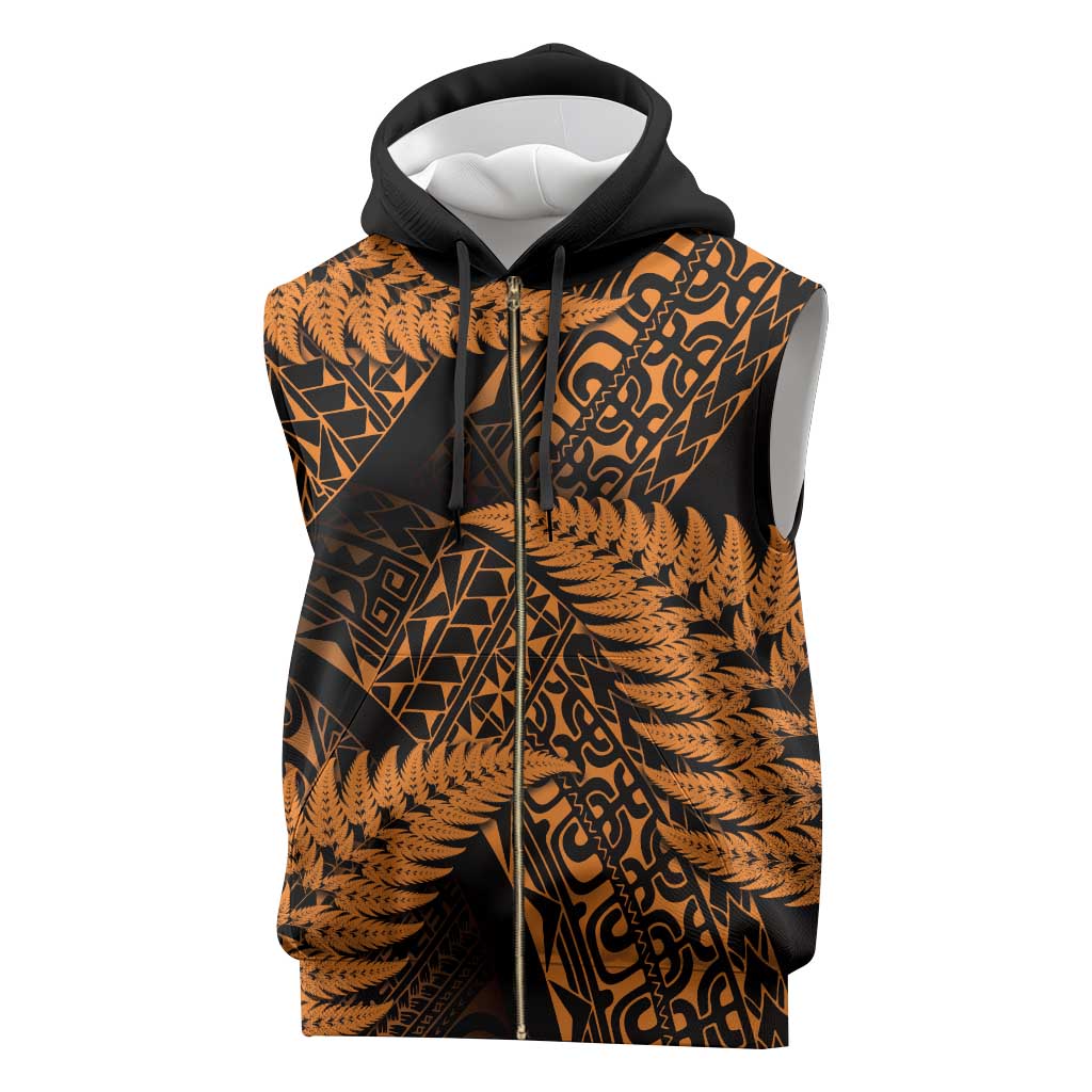 New Zealand Rugby Pacific Personalised Sleeveless Zip Hoodie All Gold Maori Pasifika Fern Pattern - Polynesian Pride