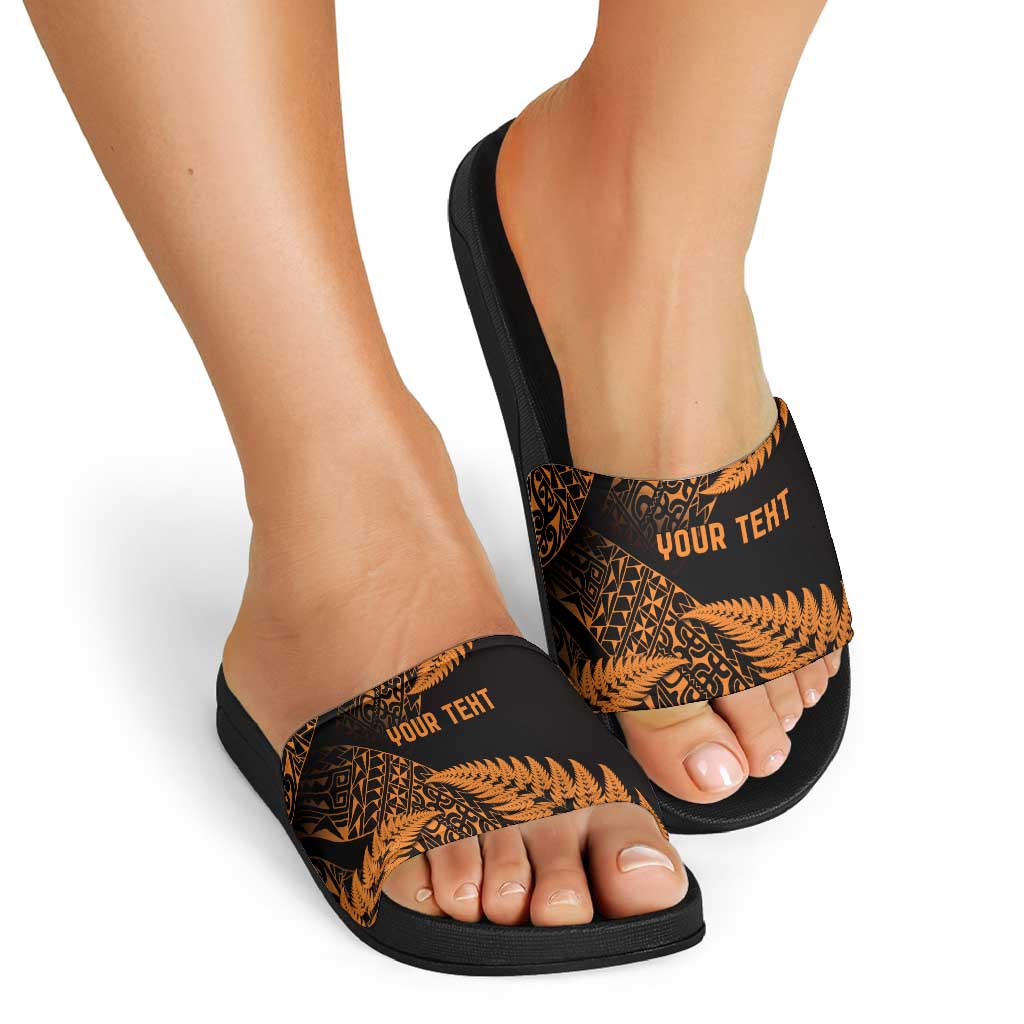 New Zealand Rugby Pacific Personalised Slide Sandals All Gold Maori Pasifika Fern Pattern - Polynesian Pride