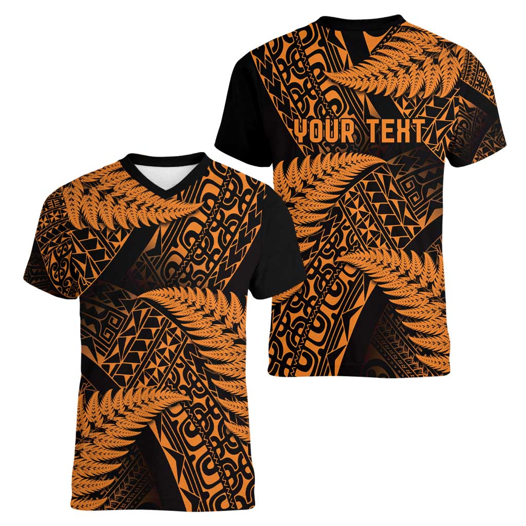 New Zealand Rugby Pacific Personalised Women V-Neck T-Shirt All Gold Maori Pasifika Fern Pattern LT9 - Polynesian Pride