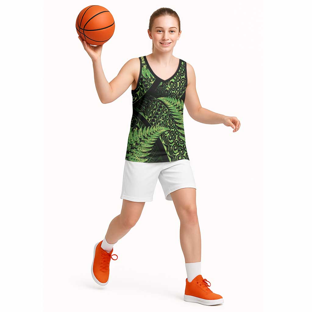 New Zealand Rugby Pacific Personalised Basketball Jersey All Lime Maori Pasifika Fern Pattern - Polynesian Pride
