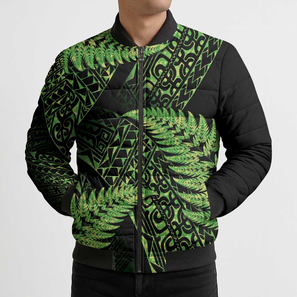 New Zealand Rugby Pacific Personalised Bomber Puffer Jacket All Lime Maori Pasifika Fern Pattern - Polynesian Pride
