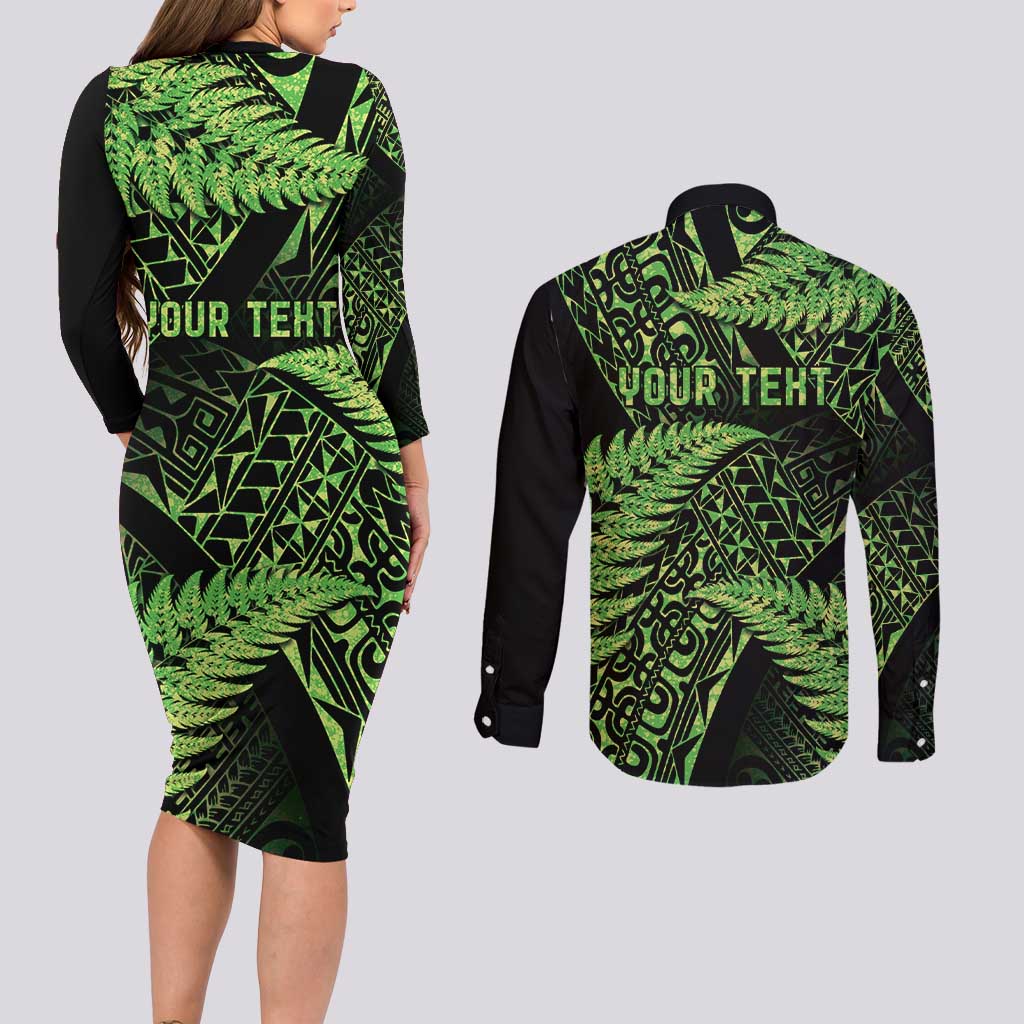 New Zealand Rugby Pacific Personalised Couples Matching Long Sleeve Bodycon Dress and Long Sleeve Button Shirt All Lime Maori Pasifika Fern Pattern LT9 - Polynesian Pride