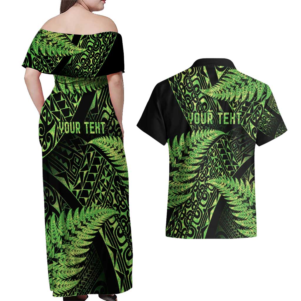 New Zealand Rugby Pacific Personalised Couples Matching Off Shoulder Maxi Dress and Hawaiian Shirt All Lime Maori Pasifika Fern Pattern LT9 - Polynesian Pride