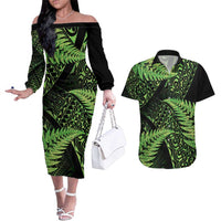 New Zealand Rugby Pacific Personalised Couples Matching Off The Shoulder Long Sleeve Dress and Hawaiian Shirt All Lime Maori Pasifika Fern Pattern LT9 Lime - Polynesian Pride