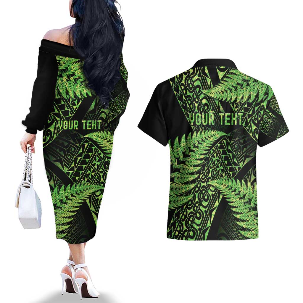 New Zealand Rugby Pacific Personalised Couples Matching Off The Shoulder Long Sleeve Dress and Hawaiian Shirt All Lime Maori Pasifika Fern Pattern LT9 - Polynesian Pride