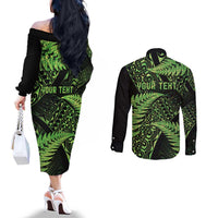 New Zealand Rugby Pacific Personalised Couples Matching Off The Shoulder Long Sleeve Dress and Long Sleeve Button Shirt All Lime Maori Pasifika Fern Pattern LT9 - Polynesian Pride