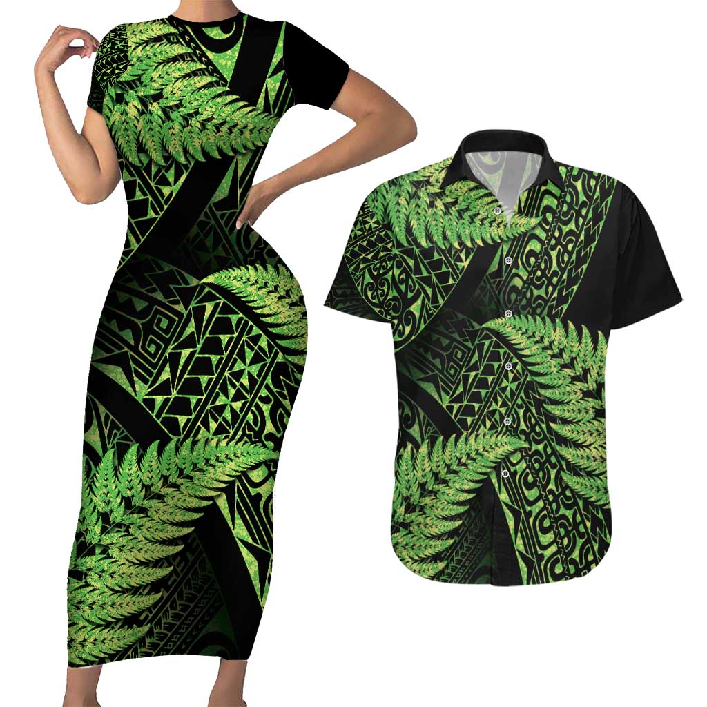 New Zealand Rugby Pacific Personalised Couples Matching Short Sleeve Bodycon Dress and Hawaiian Shirt All Lime Maori Pasifika Fern Pattern LT9 Lime - Polynesian Pride