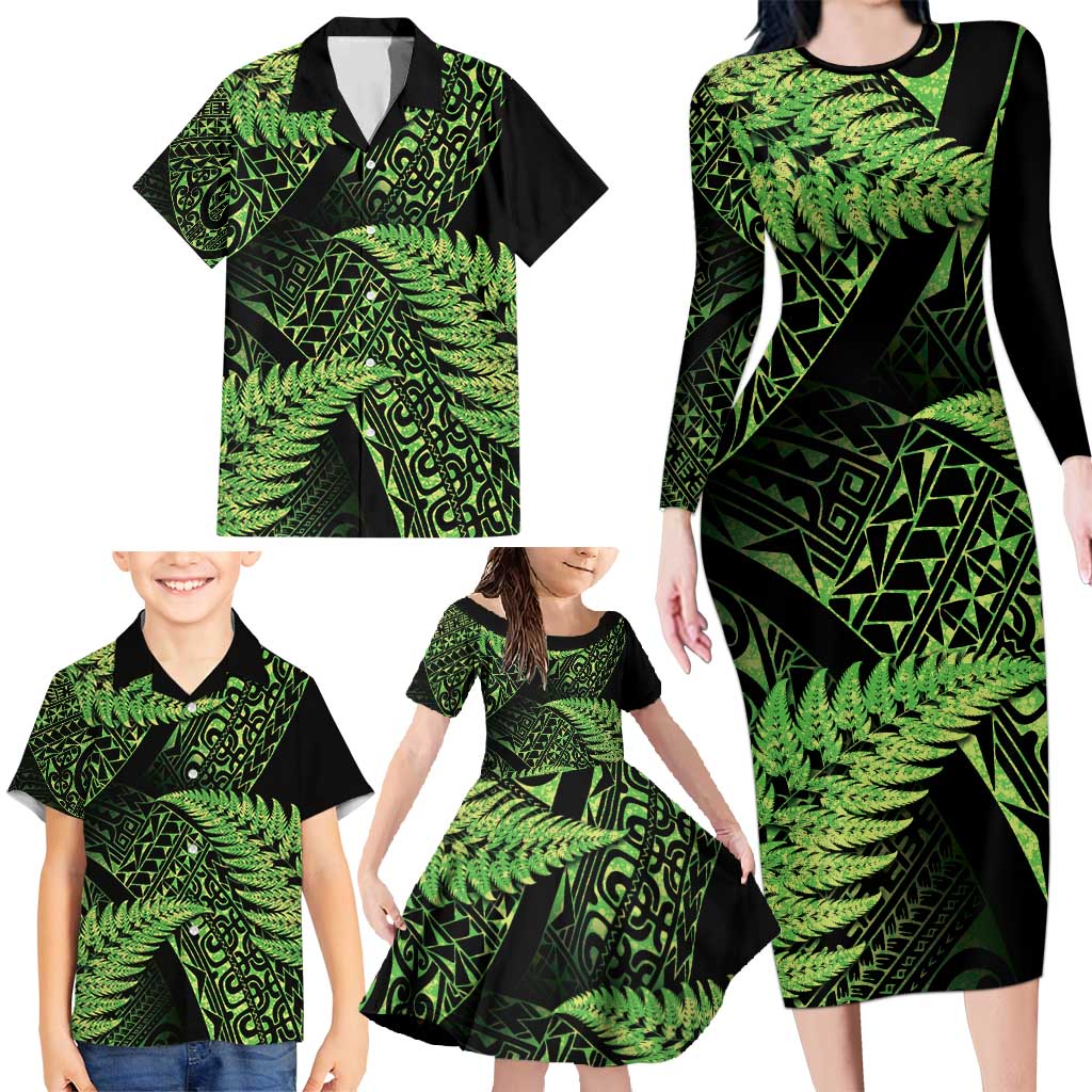 New Zealand Rugby Pacific Personalised Family Matching Long Sleeve Bodycon Dress and Hawaiian Shirt All Lime Maori Pasifika Fern Pattern LT9 - Polynesian Pride