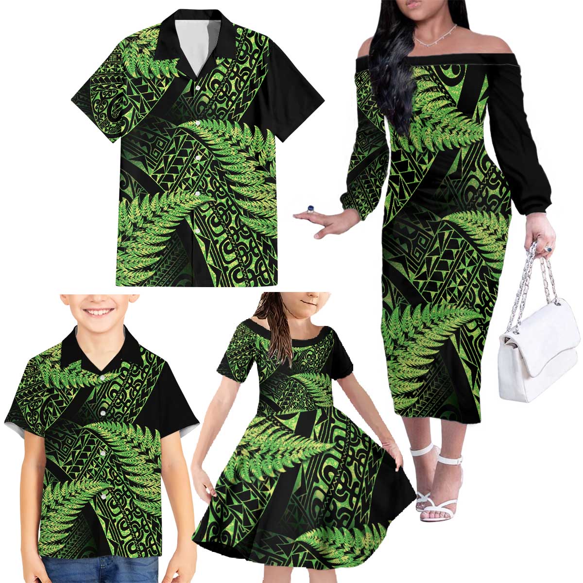 New Zealand Rugby Pacific Personalised Family Matching Off The Shoulder Long Sleeve Dress and Hawaiian Shirt All Lime Maori Pasifika Fern Pattern LT9 - Polynesian Pride