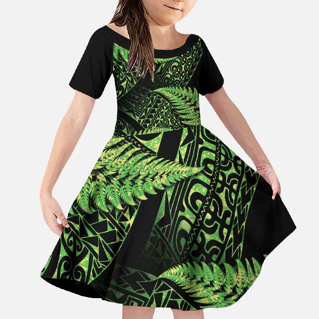 New Zealand Rugby Pacific Personalised Family Matching Off Shoulder Maxi Dress and Hawaiian Shirt All Lime Maori Pasifika Fern Pattern LT9 Daughter's Dress Lime - Polynesian Pride