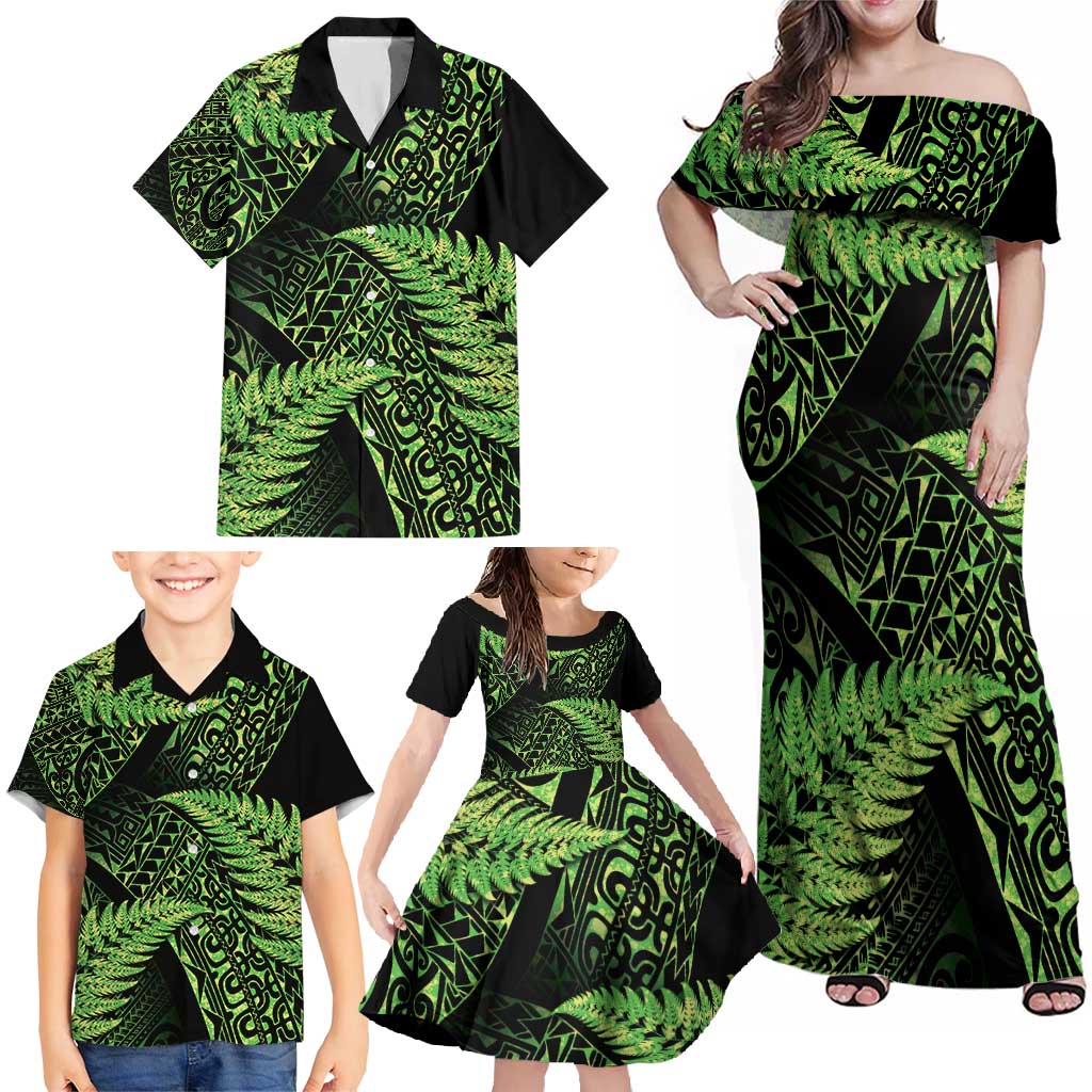 New Zealand Rugby Pacific Personalised Family Matching Off Shoulder Maxi Dress and Hawaiian Shirt All Lime Maori Pasifika Fern Pattern LT9 - Polynesian Pride