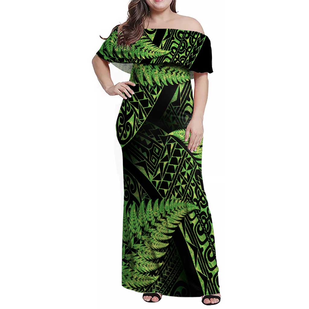 New Zealand Rugby Pacific Personalised Family Matching Off Shoulder Maxi Dress and Hawaiian Shirt All Lime Maori Pasifika Fern Pattern LT9 Mom's Dress Lime - Polynesian Pride