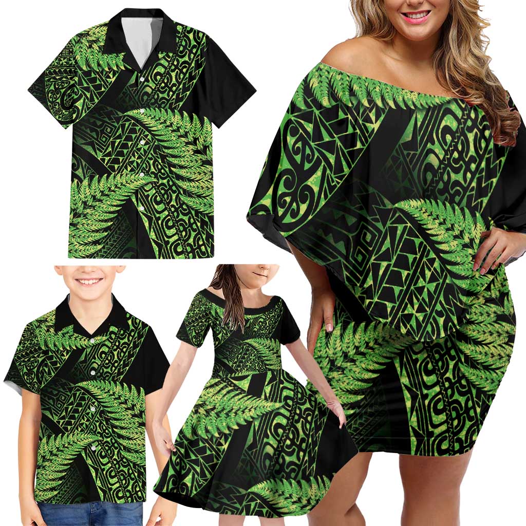 New Zealand Rugby Pacific Personalised Family Matching Off Shoulder Short Dress and Hawaiian Shirt All Lime Maori Pasifika Fern Pattern LT9 - Polynesian Pride