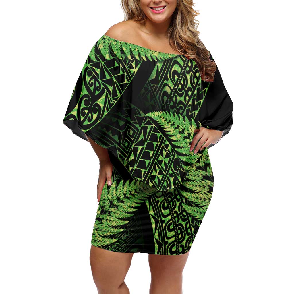 New Zealand Rugby Pacific Personalised Family Matching Off Shoulder Short Dress and Hawaiian Shirt All Lime Maori Pasifika Fern Pattern LT9 Mom's Dress Lime - Polynesian Pride
