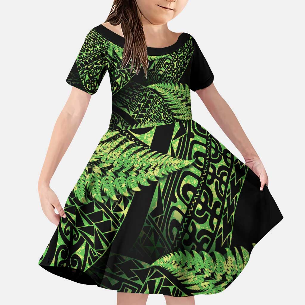 New Zealand Rugby Pacific Personalised Family Matching Puletasi and Hawaiian Shirt All Lime Maori Pasifika Fern Pattern LT9 Daughter's Dress Lime - Polynesian Pride