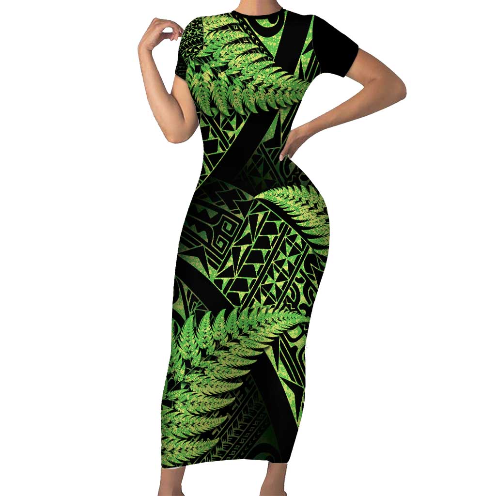 New Zealand Rugby Pacific Personalised Family Matching Short Sleeve Bodycon Dress and Hawaiian Shirt All Lime Maori Pasifika Fern Pattern LT9 Mom's Dress Lime - Polynesian Pride
