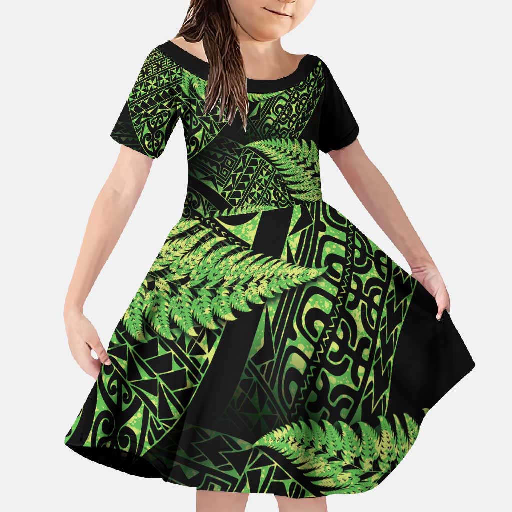 New Zealand Rugby Pacific Personalised Family Matching Tank Maxi Dress and Hawaiian Shirt All Lime Maori Pasifika Fern Pattern LT9 Daughter's Dress Lime - Polynesian Pride