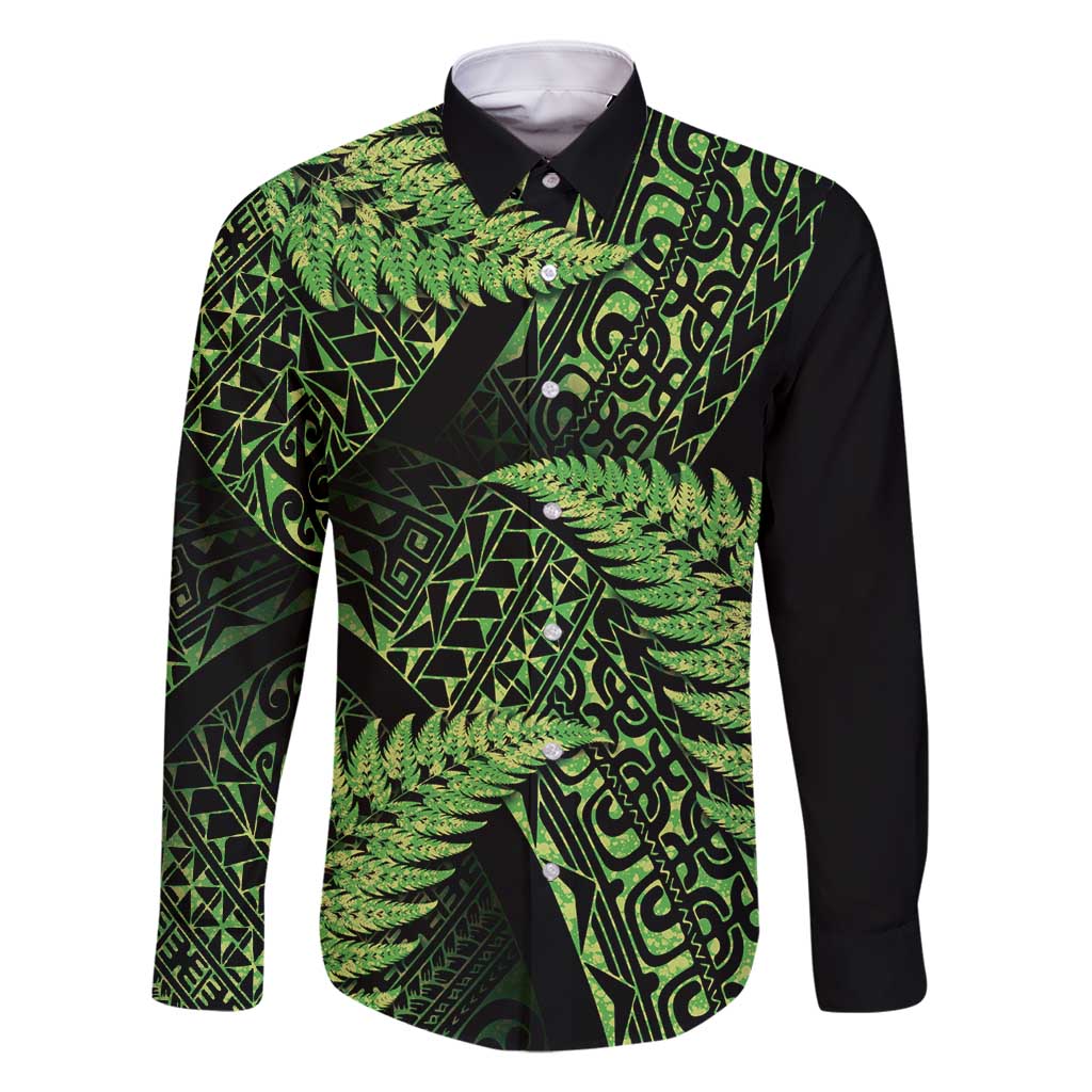 New Zealand Rugby Pacific Personalised Family Matching Tank Maxi Dress and Hawaiian Shirt All Lime Maori Pasifika Fern Pattern LT9 Dad's Shirt - Long Sleeve Lime - Polynesian Pride