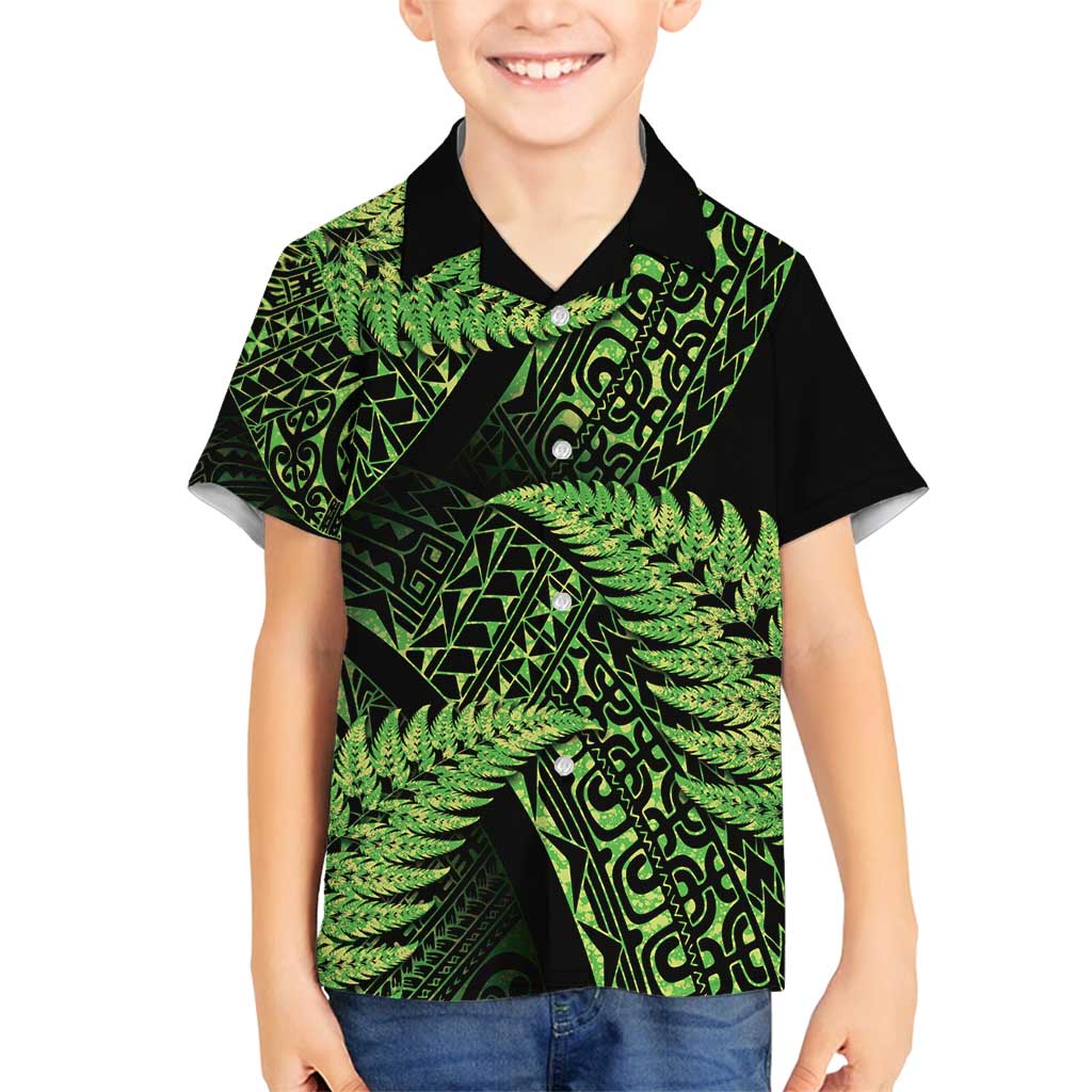 New Zealand Rugby Pacific Personalised Family Matching Tank Maxi Dress and Hawaiian Shirt All Lime Maori Pasifika Fern Pattern LT9 Son's Shirt Lime - Polynesian Pride