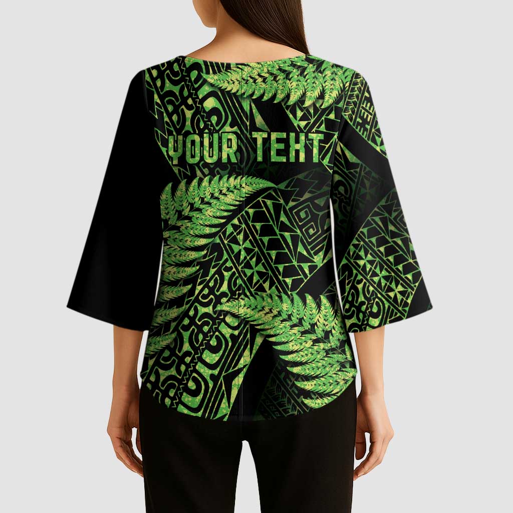 New Zealand Rugby Pacific Personalised Kimono Sleeve Blouse All Lime Maori Pasifika Fern Pattern - Polynesian Pride