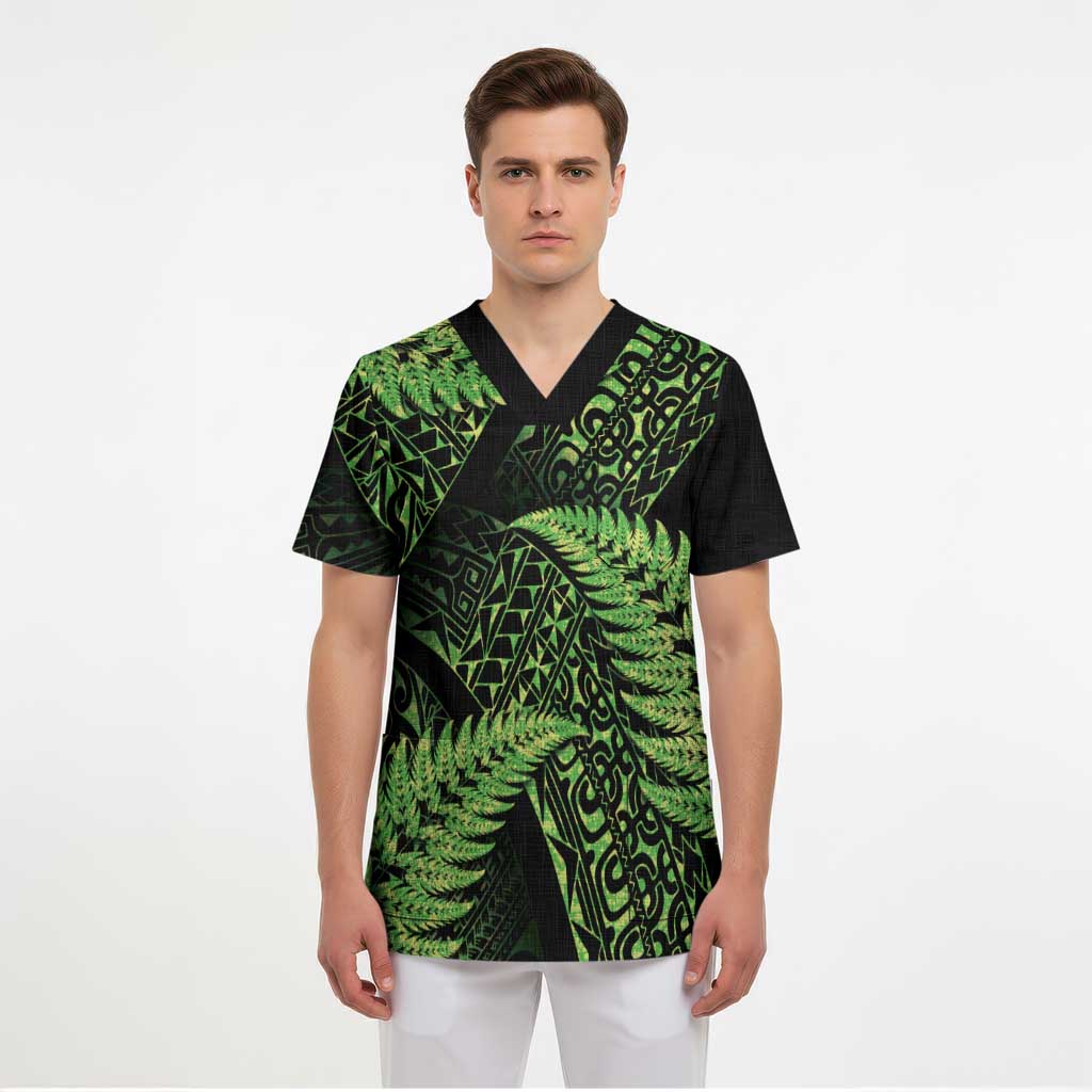 New Zealand Rugby Pacific Personalised Scrub Top All Lime Maori Pasifika Fern Pattern - Polynesian Pride