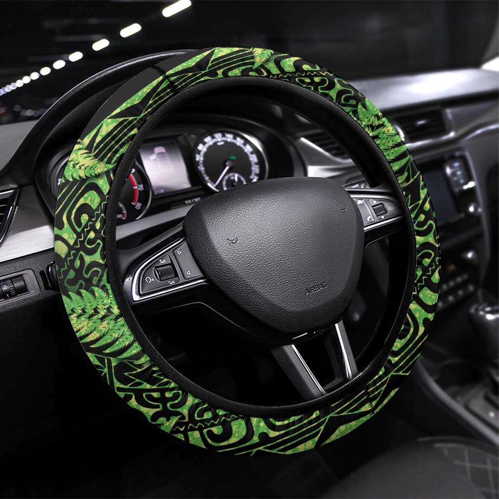 New Zealand Rugby Pacific Steering Wheel Cover All Lime Maori Pasifika Fern Pattern LT9 Universal Fit Lime - Polynesian Pride